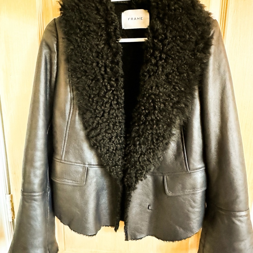 Frame Denim Dark Leather Jacket with Shearling Collar